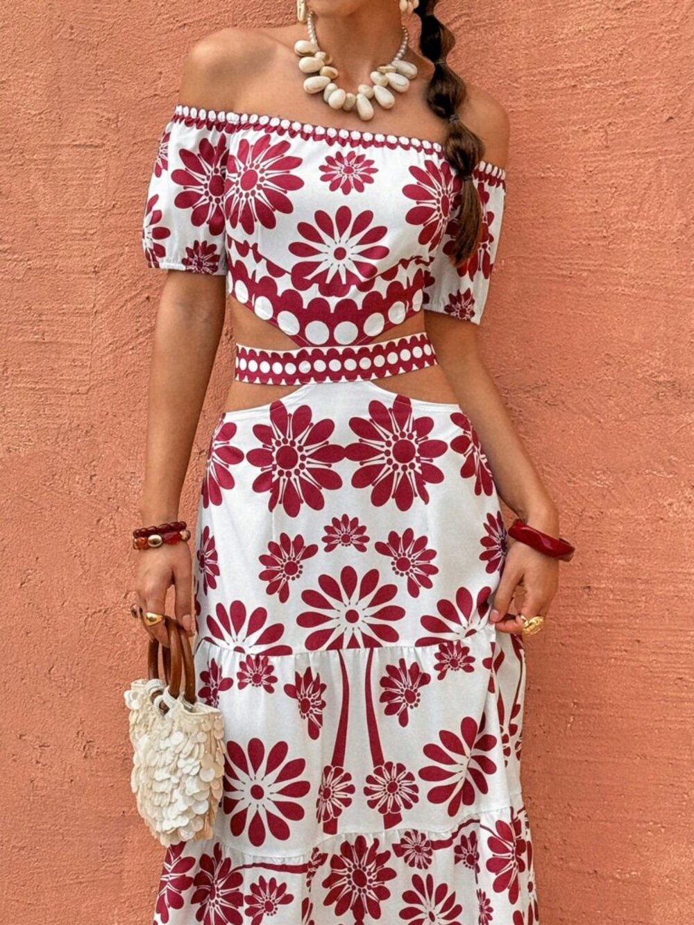 Red White Floral Off Shoulder Boho Resort Cutout Maxi Dress